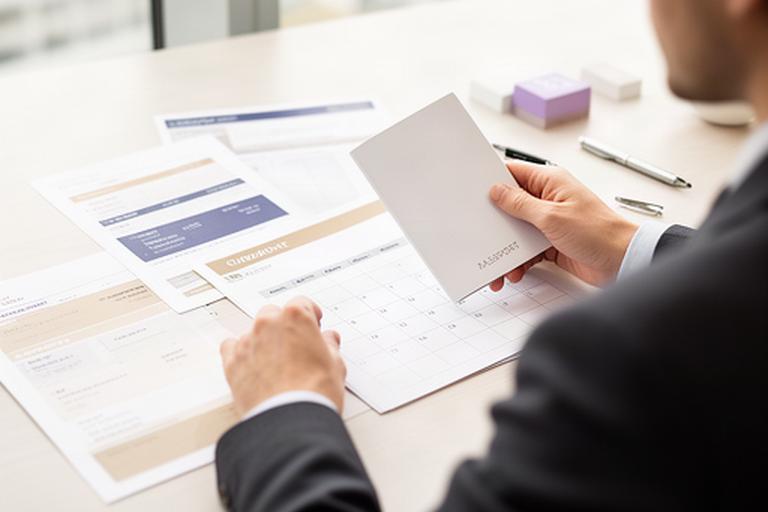 Führungskraft arbeitet mit Reiseunterlagen und Kalender an einem hellen Schreibtisch