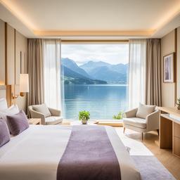 Helles Luxushotelzimmer mit Blick auf einen See